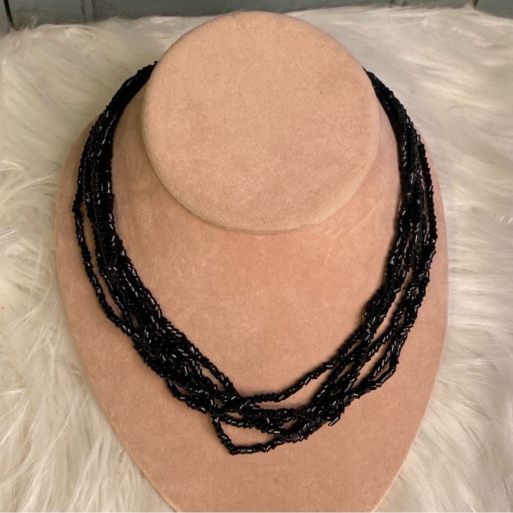 Vintage Black Beaded 6 Strand Necklace with Silver Clasp Jet Onyx Glass